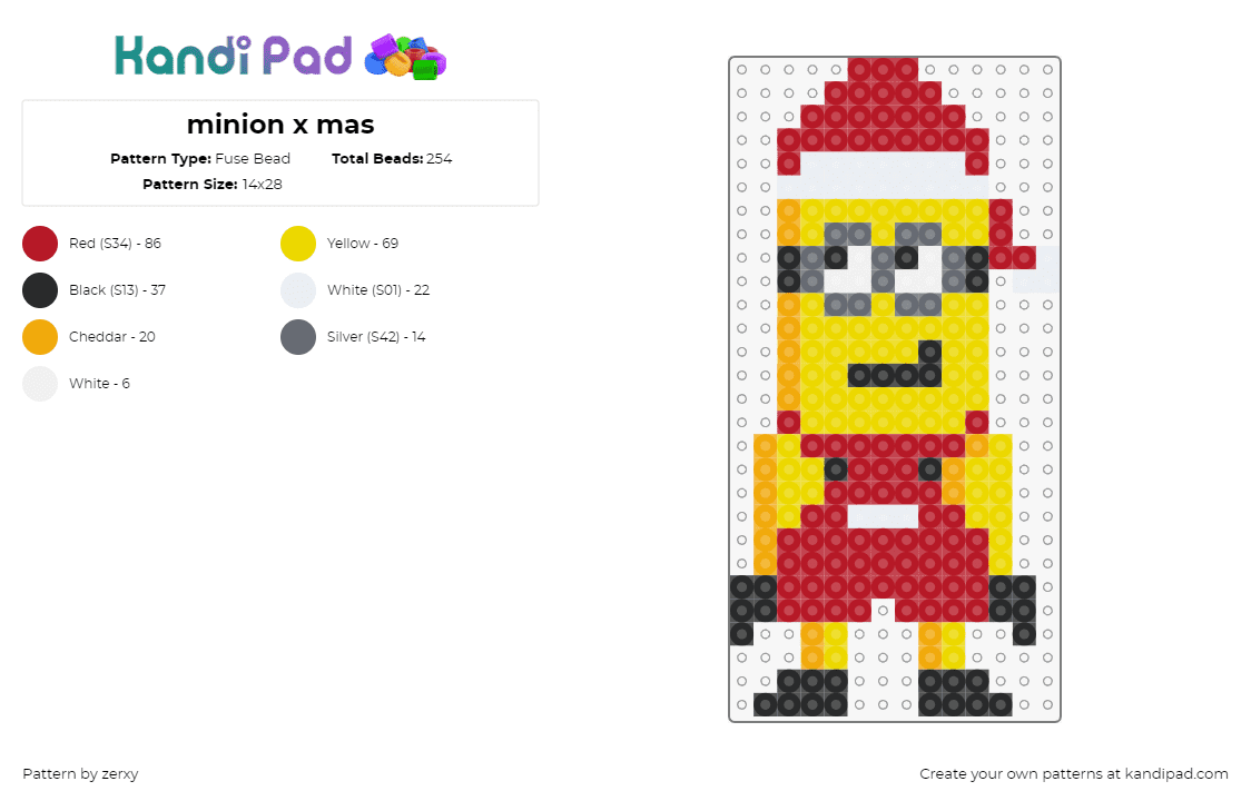 minion x mas - Fuse Bead Pattern by zerxy on Kandi Pad - minion,despicable me,christmas,character,animation,movie,yellow,red