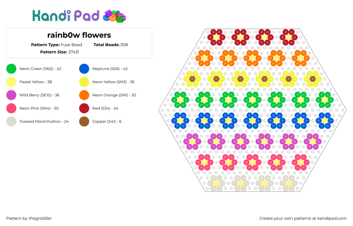 rainb0w flowers - Fuse Bead Pattern by thegriddler on Kandi Pad - flowers,garden,simple,colorful,charms,cute,green,yellow,blue