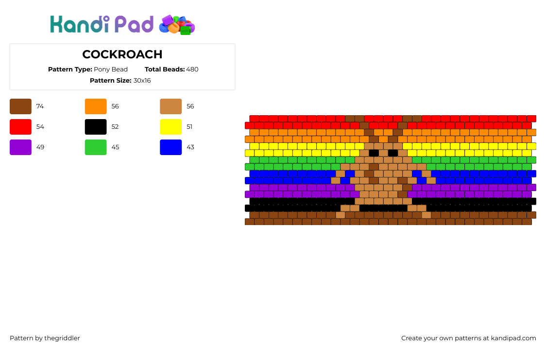 COCKROACH - Pony Bead Pattern by thegriddler on Kandi Pad - cockroach,insect,bug,rainbow,colorfule,cuff,brown,tan