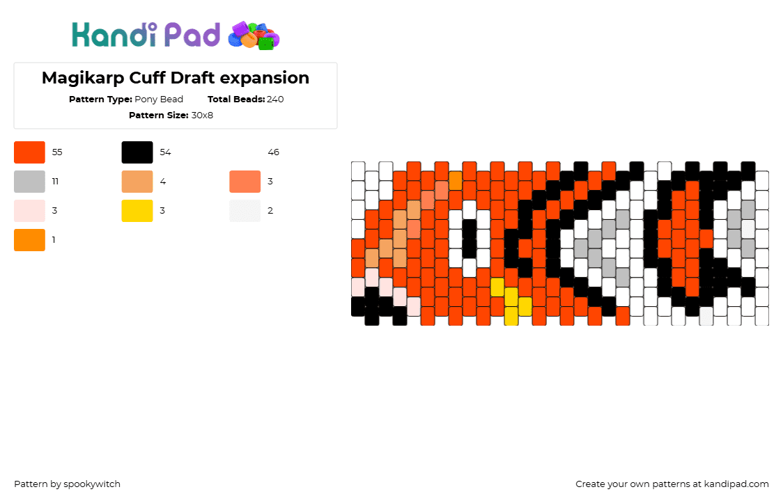 Magikarp Cuff Draft expansion - Pony Bead Pattern by spookywitch on Kandi Pad - magikarp,pokemon,character,gaming,fish,cuff,orange,white