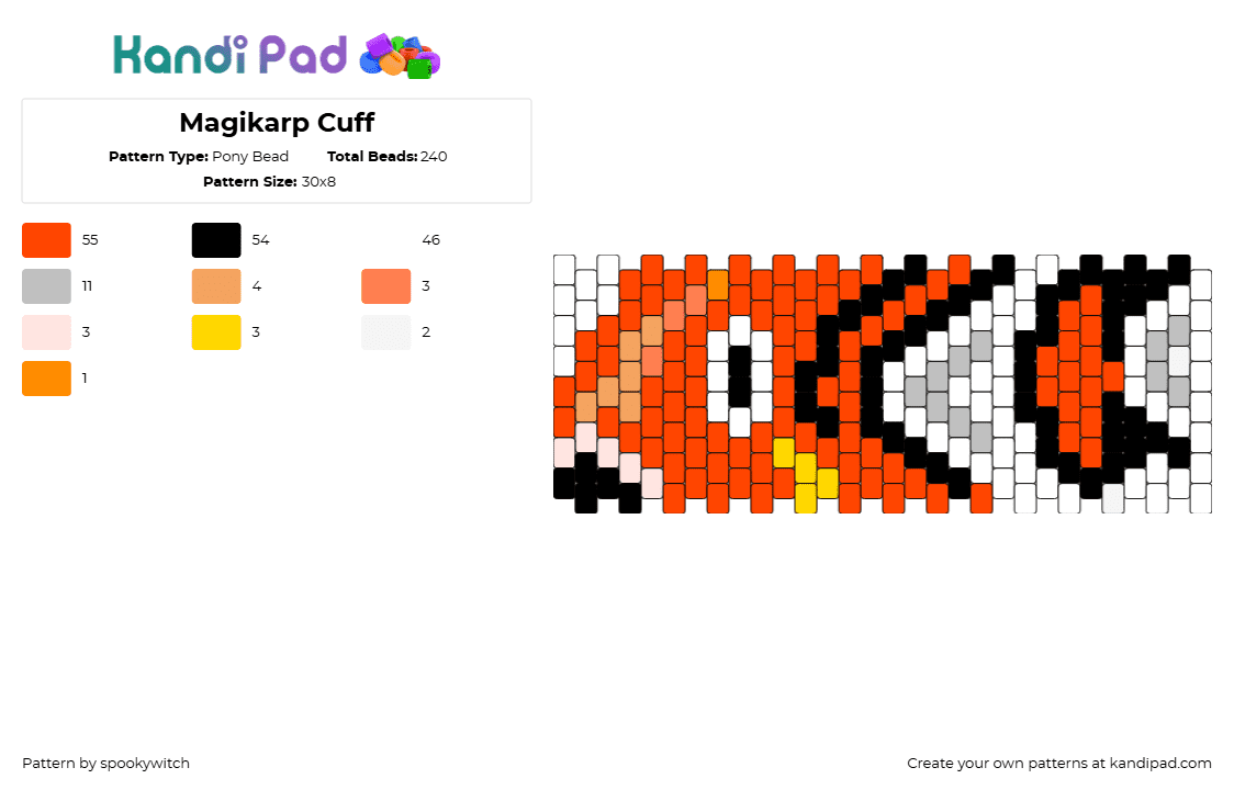 Magikarp Cuff - Pony Bead Pattern by spookywitch on Kandi Pad - magikarp,pokemon,gaming,fish,cuff,orange,white