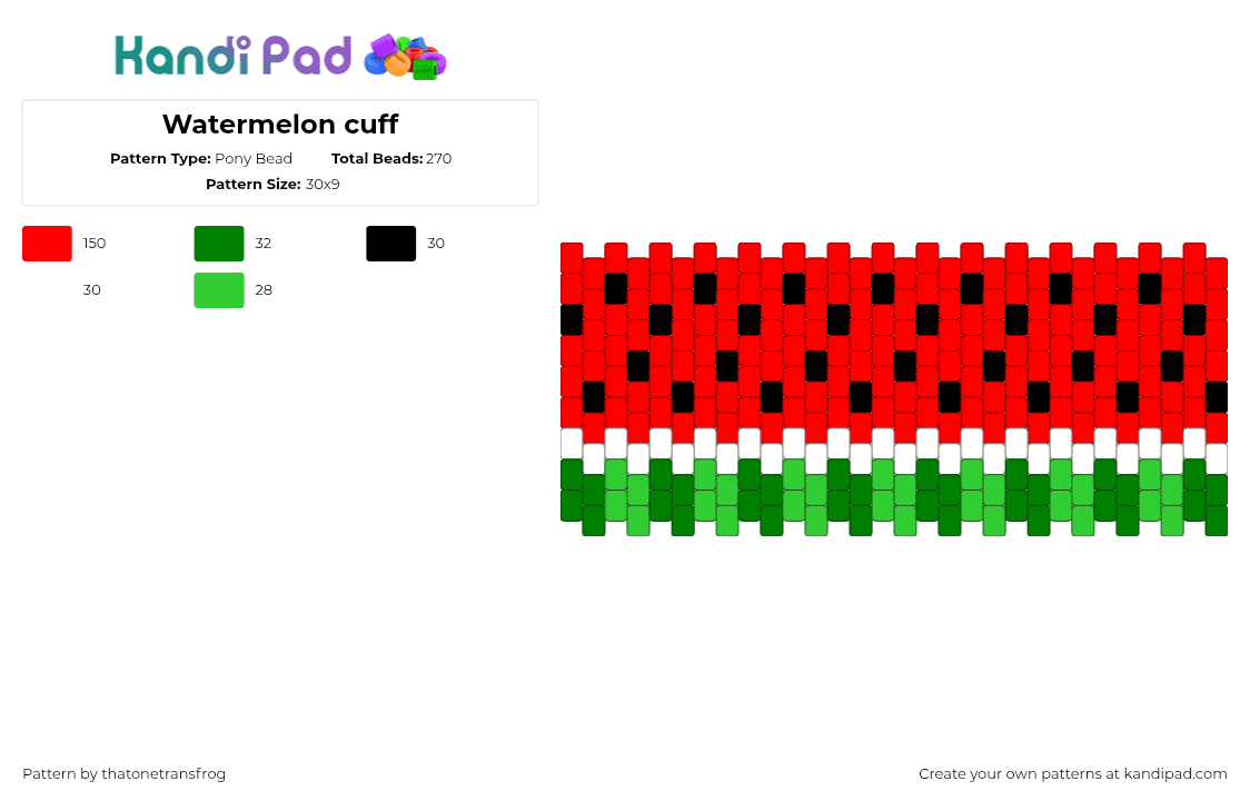 Watermelon cuff - Pony Bead Pattern by thatonetransfrog on Kandi Pad - watermelon,fruit,food,summer,cuff,red,green