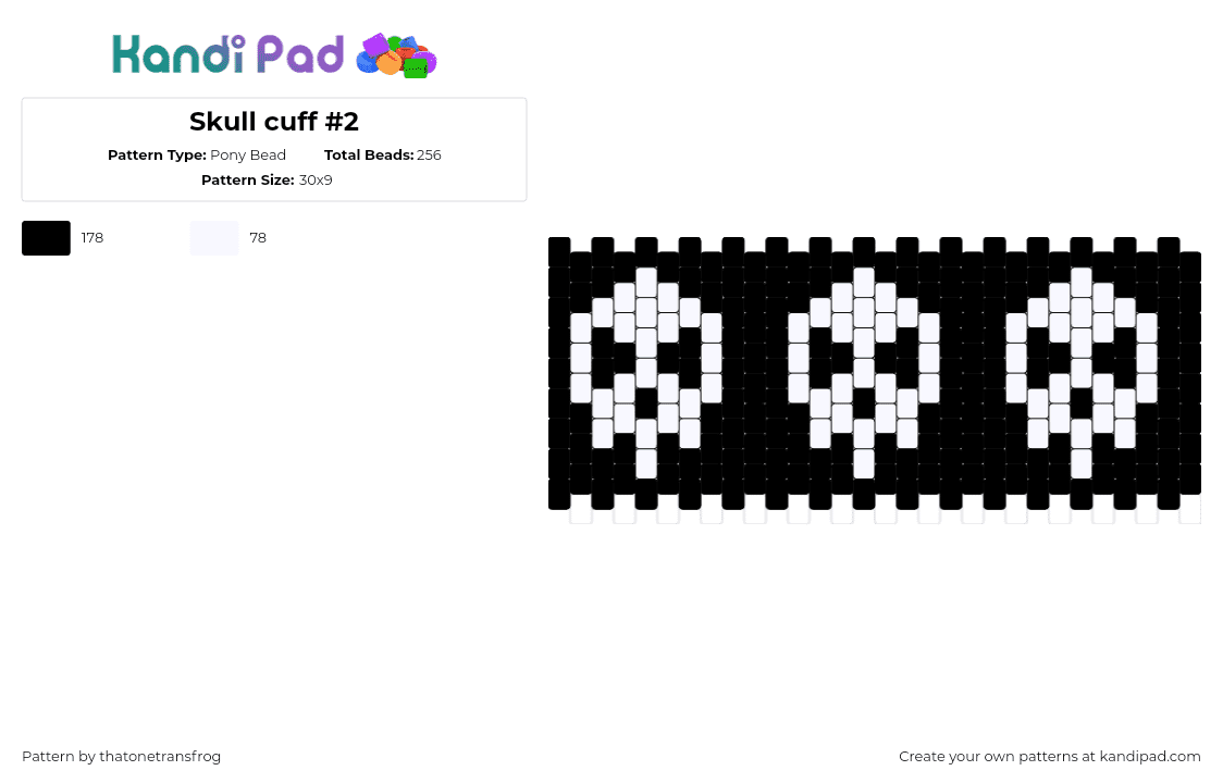 Skull cuff #2 - Pony Bead Pattern by thatonetransfrog on Kandi Pad - skulls,spooky,halloween,dark,cuff,white,black