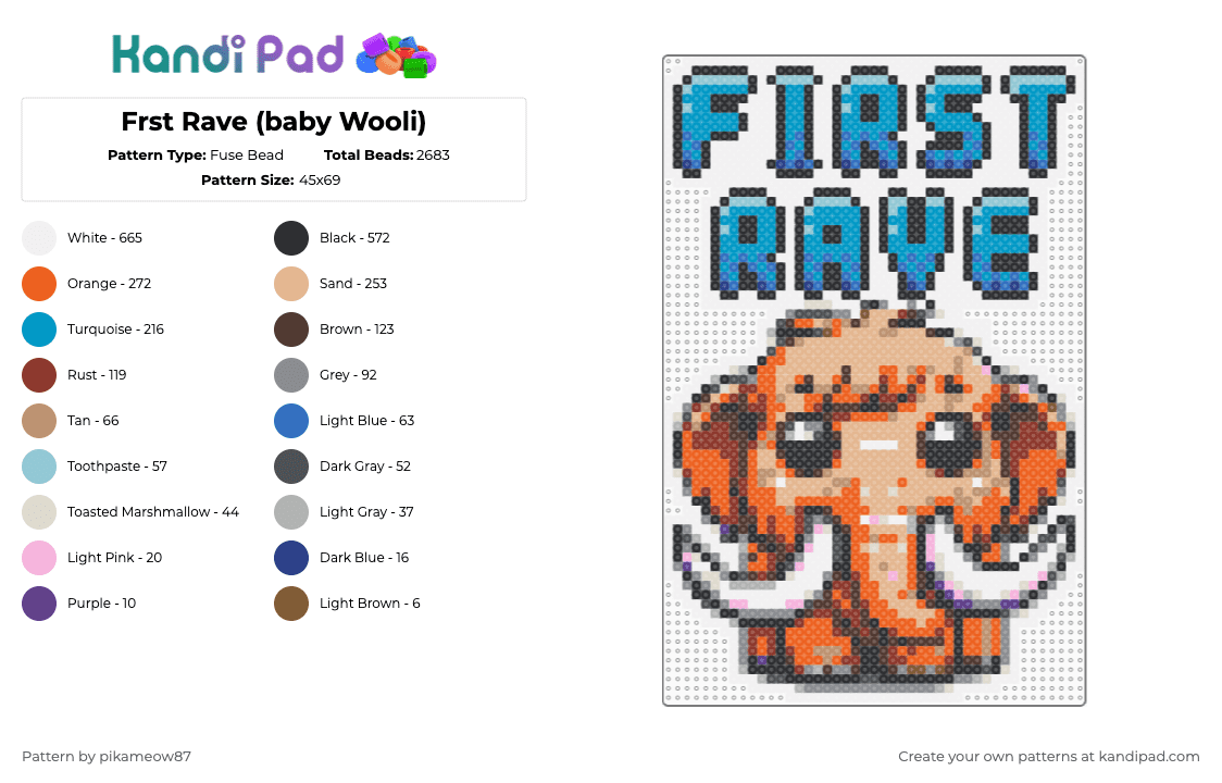 Frst Rave (baby Wooli) - Fuse Bead Pattern by pikameow87 on Kandi Pad - light blue,beige,gray,orange