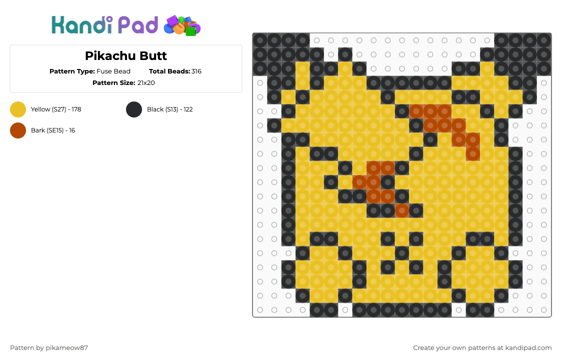 Pikachu Butt - Fuse Bead Pattern by pikameow87 on Kandi Pad - yellow