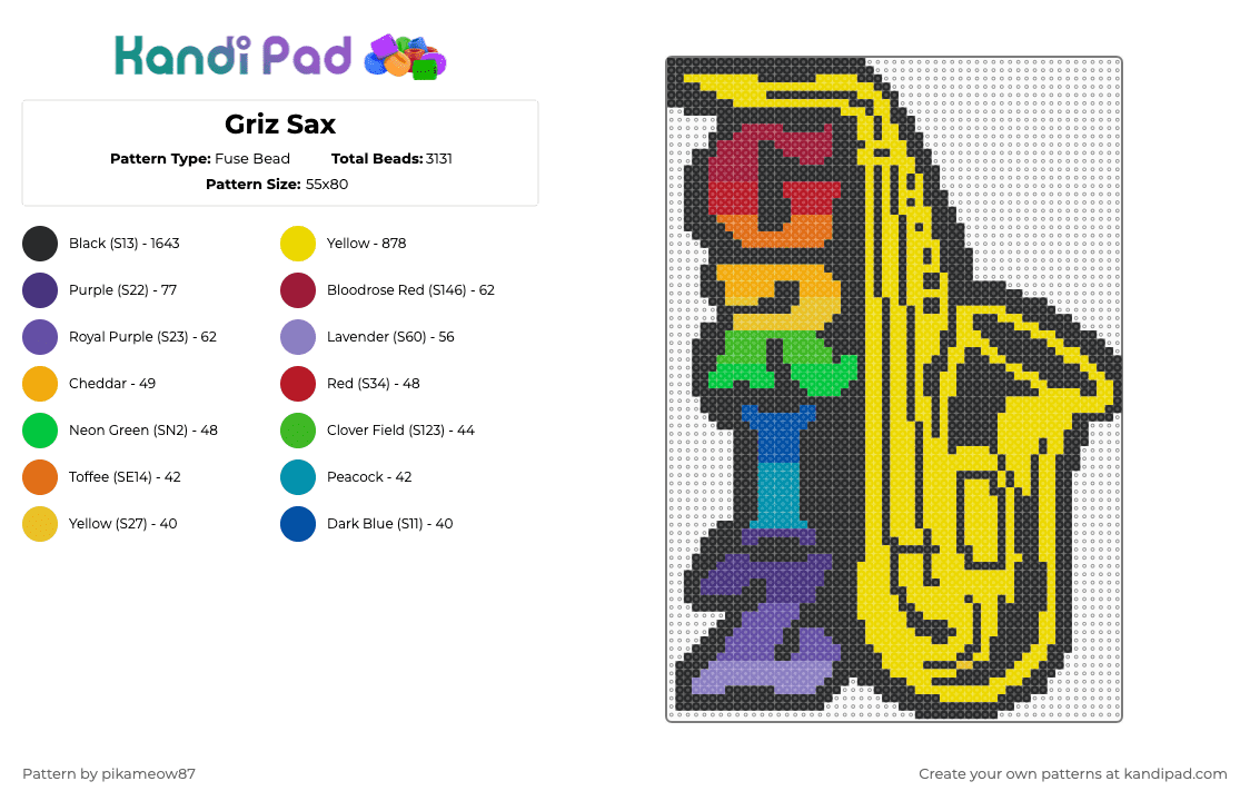 Griz Sax - Fuse Bead Pattern by pikameow87 on Kandi Pad - griz,saxophone,dj,music,edm,sax,instrument,black,yellow