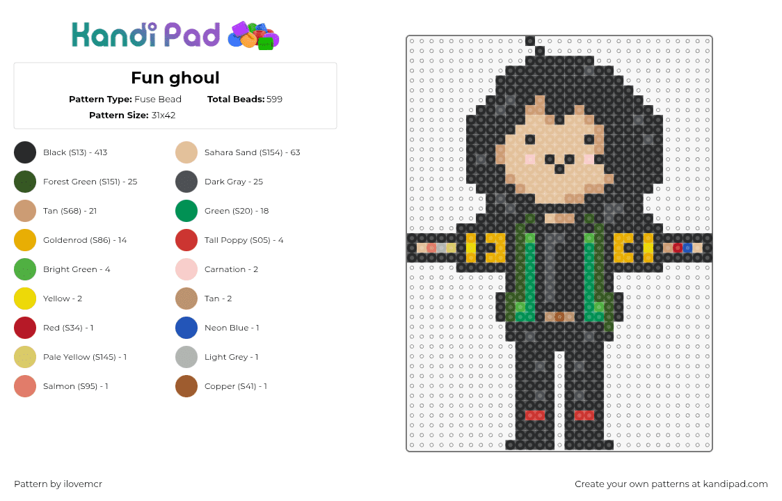 Fun ghoul - Fuse Bead Pattern by ilovemcr on Kandi Pad - fun ghoul,fabulous killjoys,danger days,mcr,my chemical romance,character,comic,black,green,tan