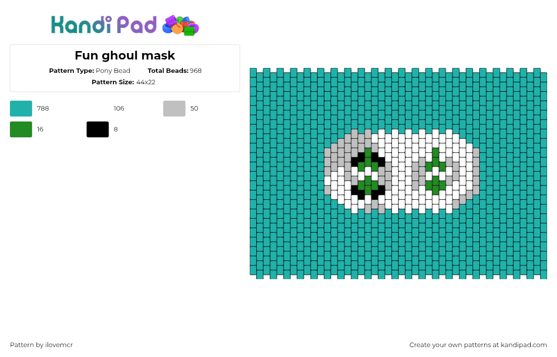 Fun ghoul mask - Pony Bead Pattern by ilovemcr on Kandi Pad - fun ghoul,danger days,mask,fabulous killjoys,mcr,my chemical romance,teal,white