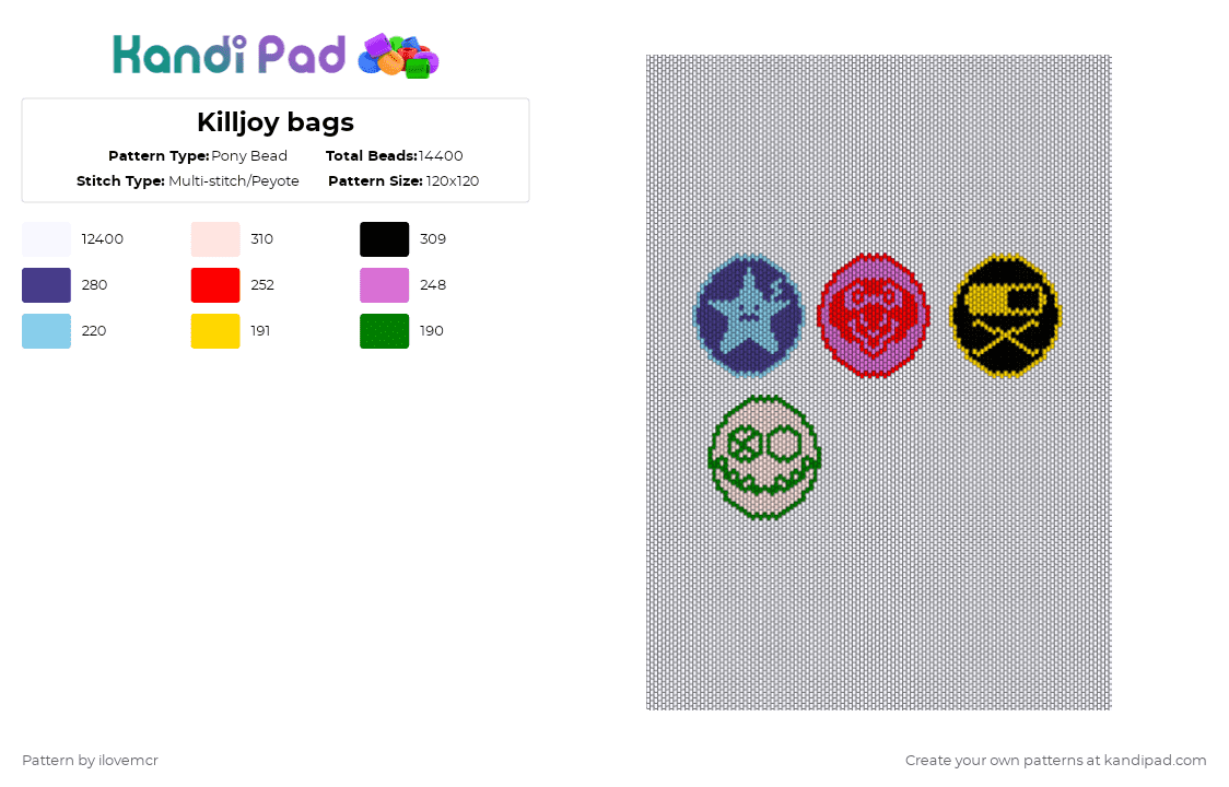 Killjoy bags - Pony Bead Pattern by ilovemcr on Kandi Pad - white,purple,pink,colorful