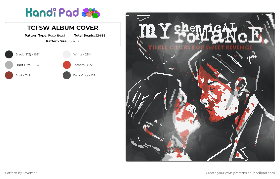 TCFSW ALBUM COVER - Fuse Bead Pattern by ilovemcr on Kandi Pad - three cheers for sweet revenge,mcr,my chemical romance,album,band,emo,music,cover,poster,black,white,beige,red