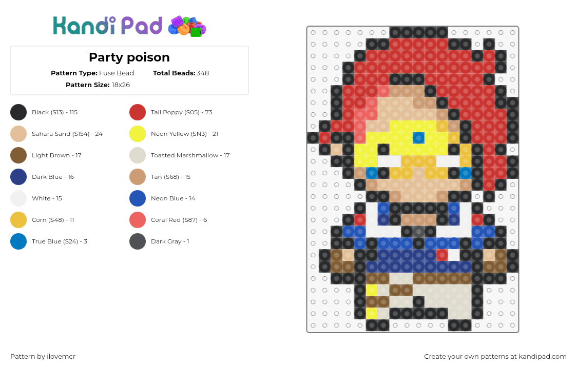 Party poison - Fuse Bead Pattern by ilovemcr on Kandi Pad - party poison,mcr,superhero,my chemical romance,comic,band,music,chibi,character,red,blue,tan