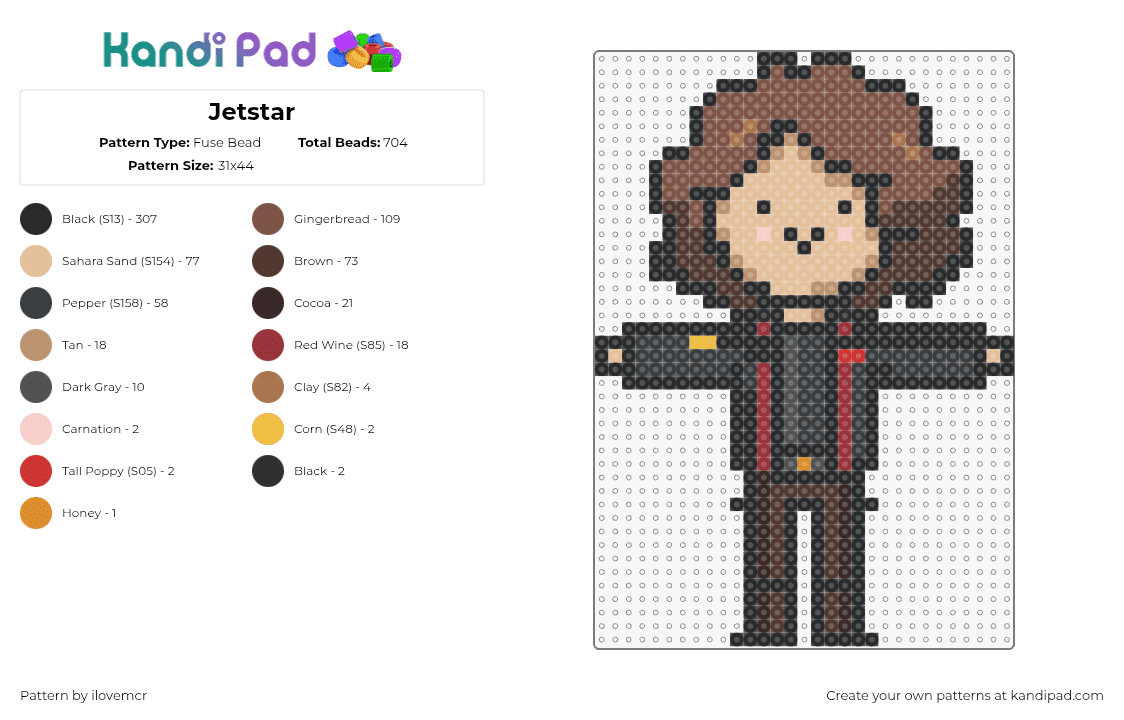 Jetstar - Fuse Bead Pattern by ilovemcr on Kandi Pad - jetstar,fabulous killjoys,danger days,mcr,my chemical romance,character,comic,tan,brown,black