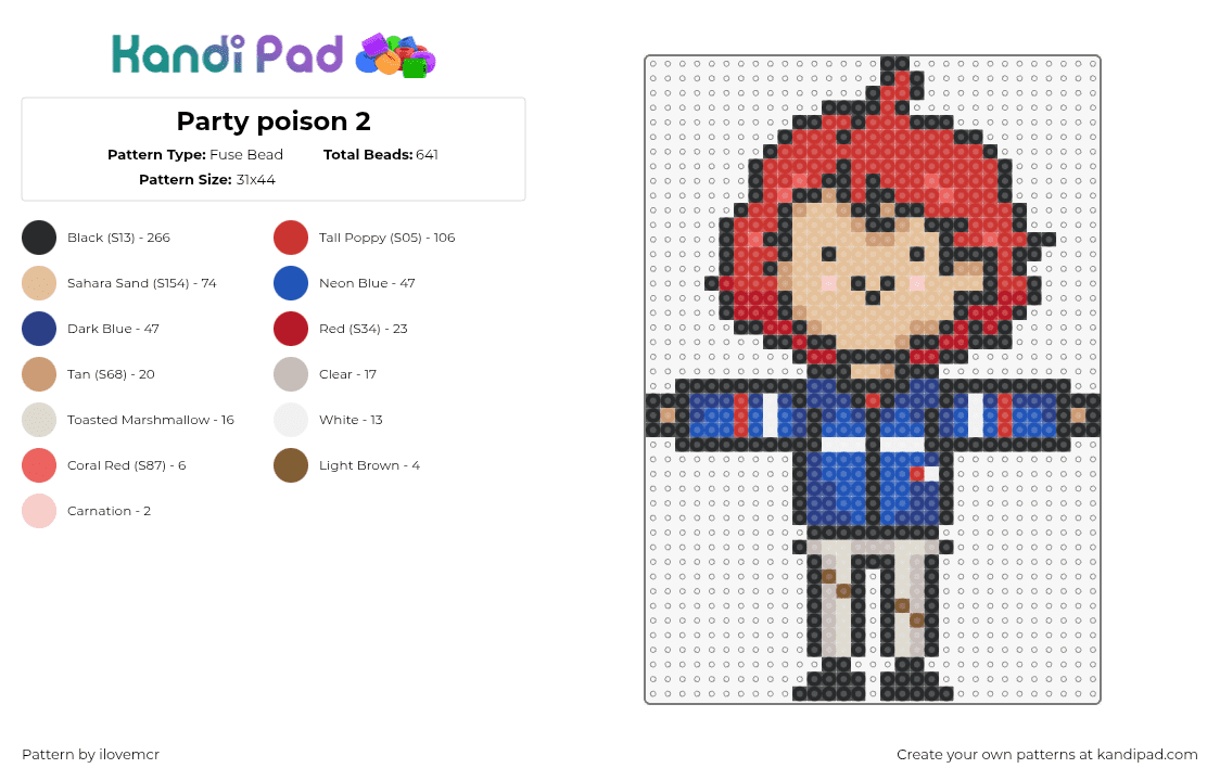 Party poison 2 - Fuse Bead Pattern by ilovemcr on Kandi Pad - party poison,fabulous killjoys,danger days,mcr,my chemical romance,character,comic,red,tan,blue