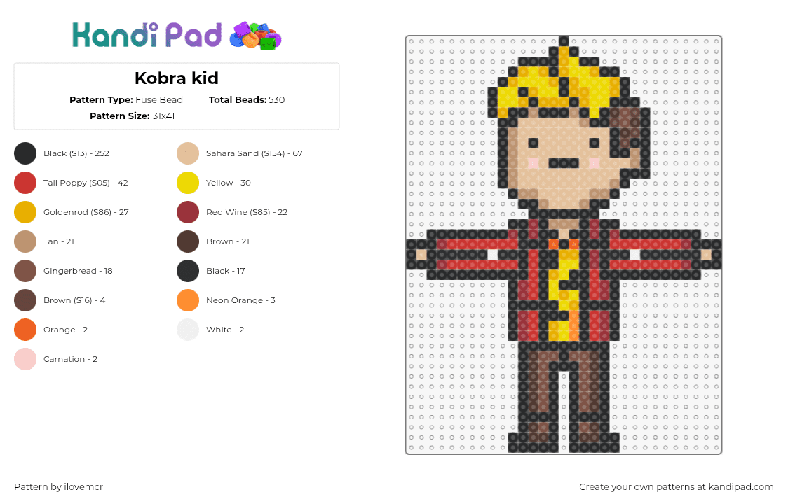 Kobra kid - Fuse Bead Pattern by ilovemcr on Kandi Pad - kobra kid,fabulous killjoys,danger days,mcr,my chemical romance,character,comic,tan,red,brown,yellow