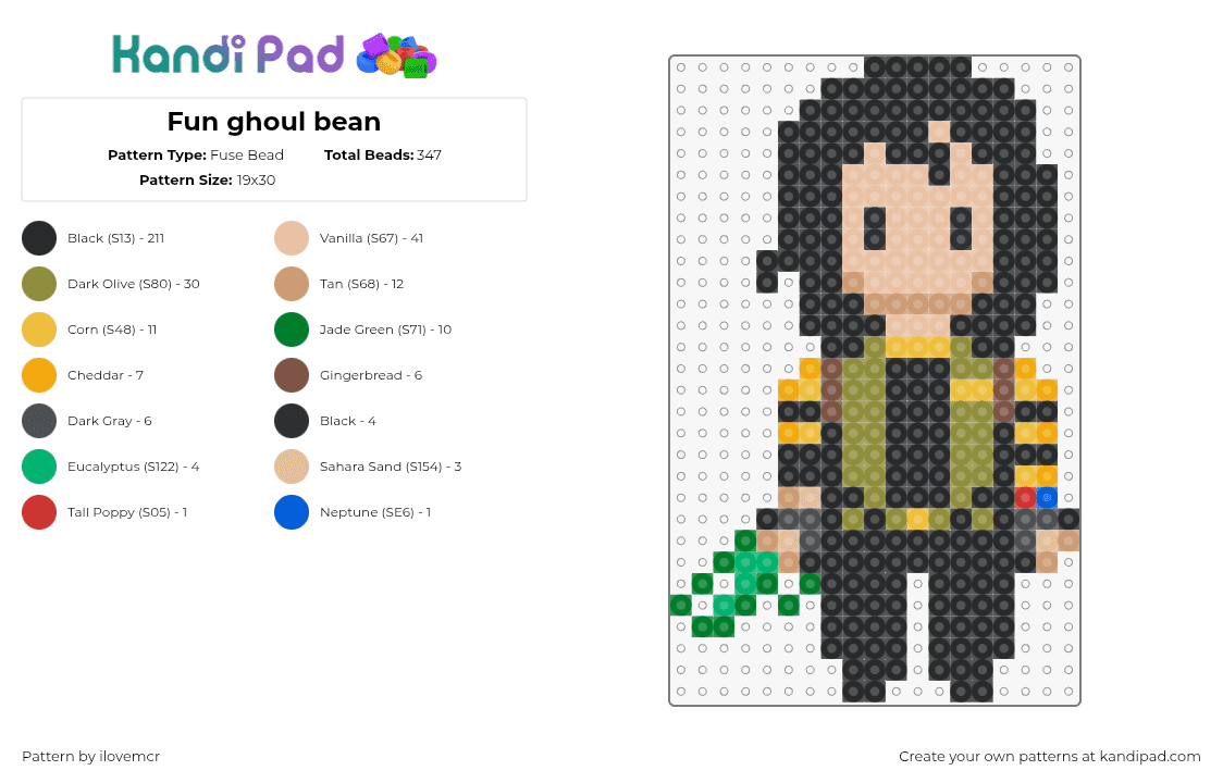 Fun ghoul bean - Fuse Bead Pattern by ilovemcr on Kandi Pad - fun ghoul,fabulous killjoys,danger days,mcr,my chemical romance,character,comic,black,green,tan