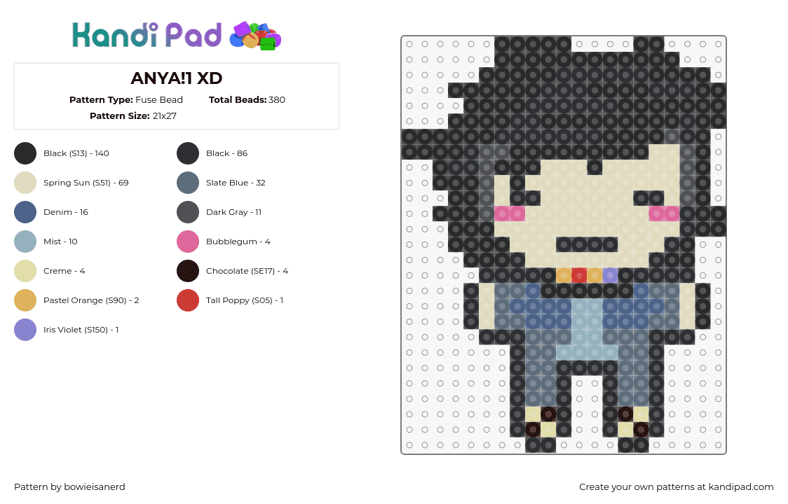 ANYA!1 XD - Fuse Bead Pattern by bowieisanerd on Kandi Pad - anya,mouthwashing,character,chibi,video game,horror,black,beige,gray