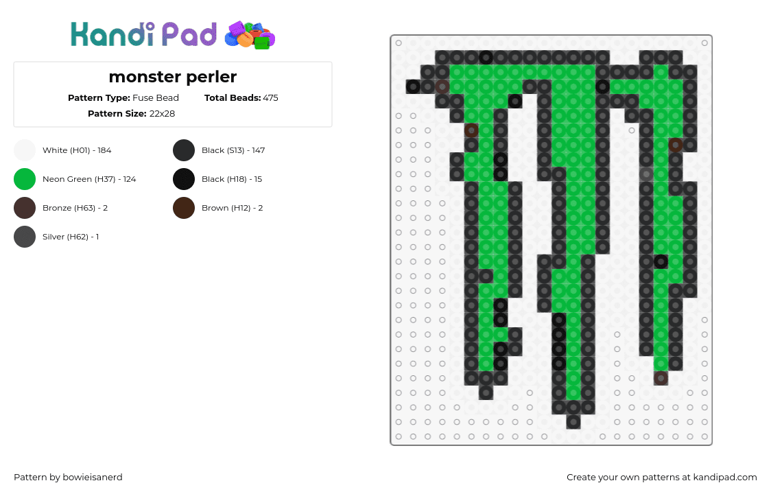 monster perler - Fuse Bead Pattern by bowieisanerd on Kandi Pad - monster,energy,logo,drink,green