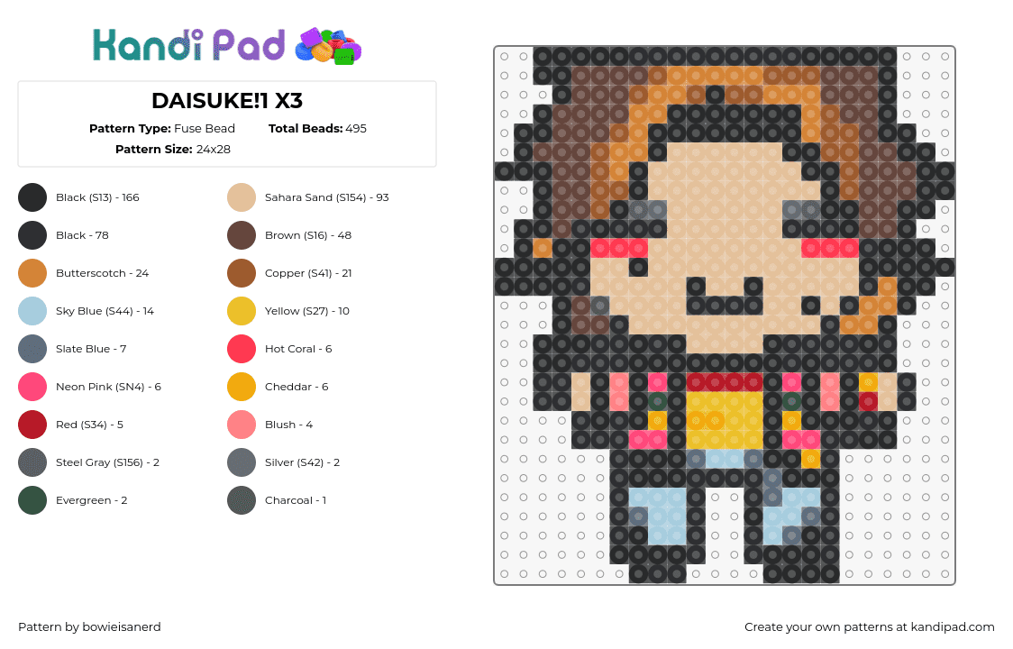 DAISUKE!1 X3 - Fuse Bead Pattern by bowieisanerd on Kandi Pad - daisuke,mouthwashing,chibi,video game,horror,character,tan,brown