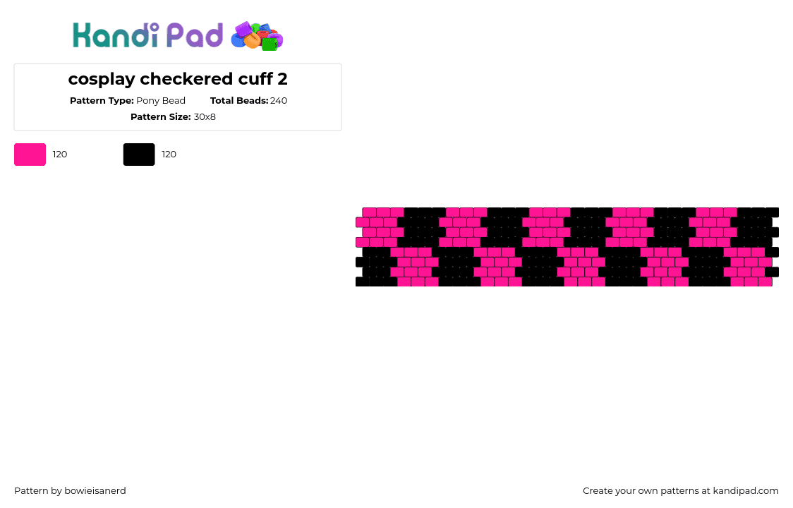 cosplay checkered cuff 2 - Pony Bead Pattern by bowieisanerd on Kandi Pad - checkered,scene,neon,cuff,dark,black,pink