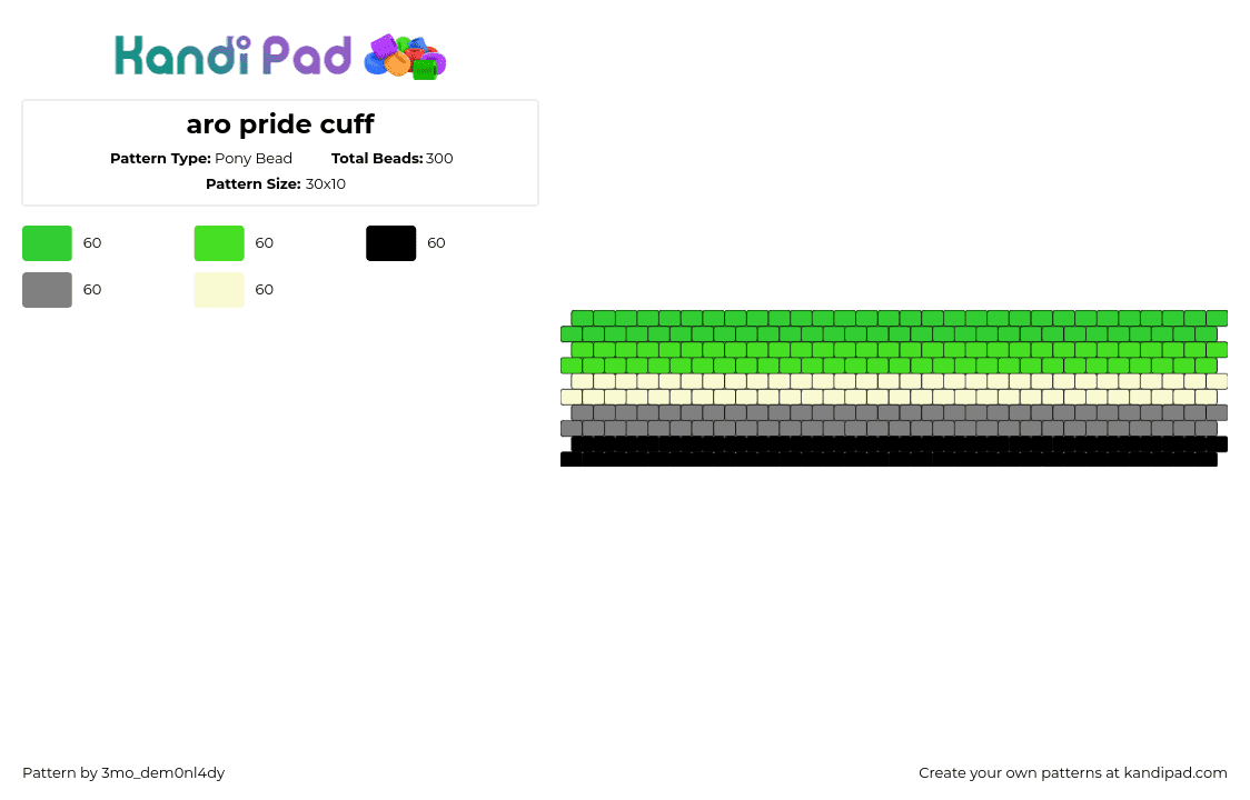 aro pride cuff - Pony Bead Pattern by 3mo_dem0nl4dy on Kandi Pad - aromantic,pride,cuff,horizontal,stripes,green,beige,gray