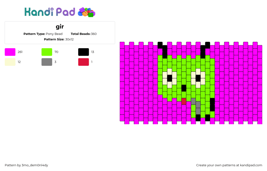 gir - Pony Bead Pattern by 3mo_dem0nl4dy on Kandi Pad - gir,invader zim,character,cartoon,tv show,pink,green