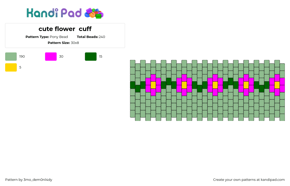 cute flower  cuff - Pony Bead Pattern by 3mo_dem0nl4dy on Kandi Pad - flowers,chain,nature,cuff,green,pink