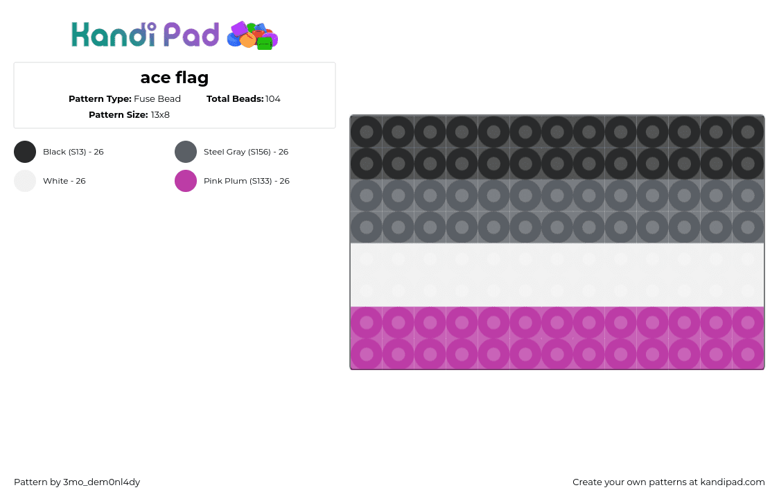 ace flag - Fuse Bead Pattern by 3mo_dem0nl4dy on Kandi Pad - asexual,pride,flag,black,gray,purple,white