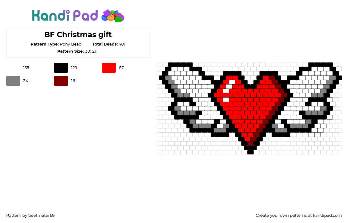 BF Christmas gift - Pony Bead Pattern by beetmater69 on Kandi Pad - heart,wings,love,valentine,angel,red,white