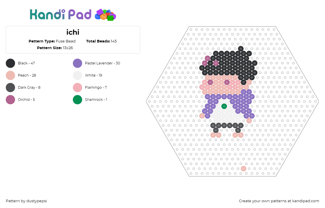 ichi - Fuse Bead Pattern by dustypepsi on Kandi Pad - ichimatsu matsuno,osomatsu,anime,character,chibi,hexagon,black,white,purple,pink