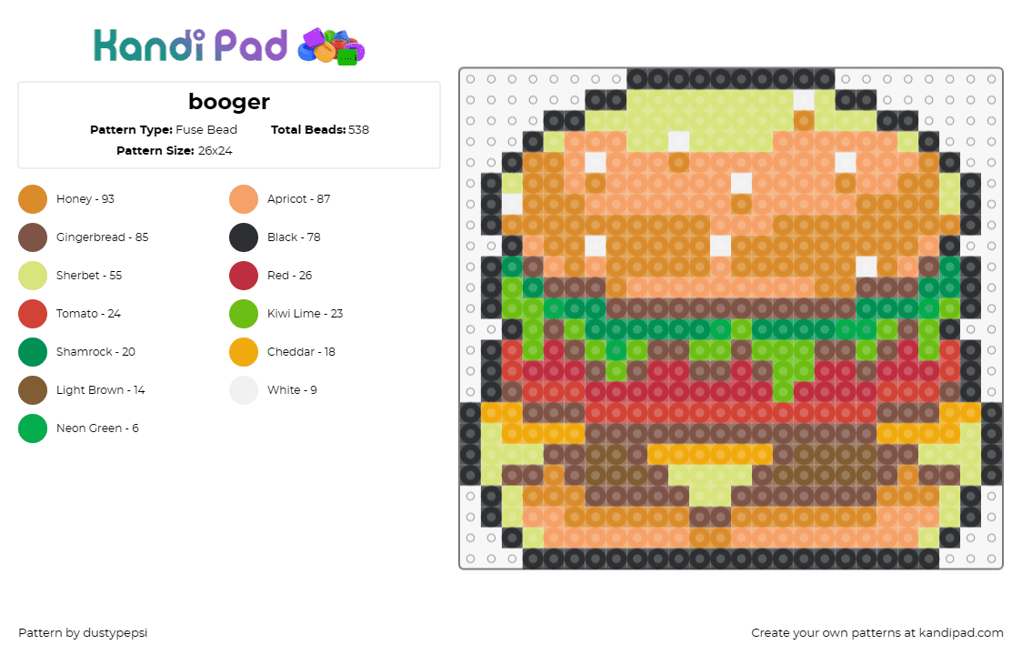 booger - Fuse Bead Pattern by dustypepsi on Kandi Pad - burger,sandwich,food,dinner,bun,tomato,orange,red