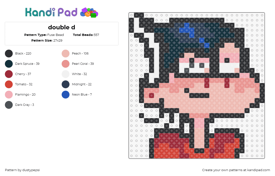 double d - Fuse Bead Pattern by dustypepsi on Kandi Pad - double d,ed edd n eddy,character,cartoon,tv show,black,red,pink