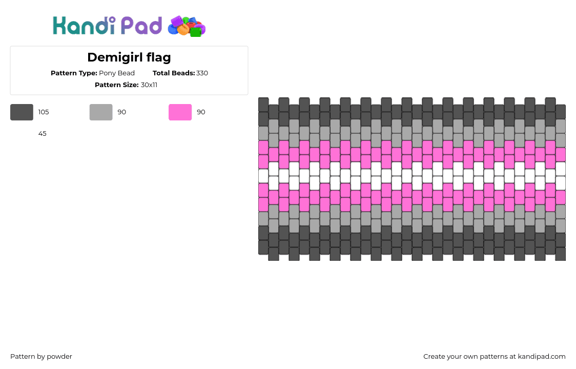 Demigirl flag - Pony Bead Pattern by p0wd3r_th3_n3rd3 on Kandi Pad - demigirl,pride,cuff,gray,pink