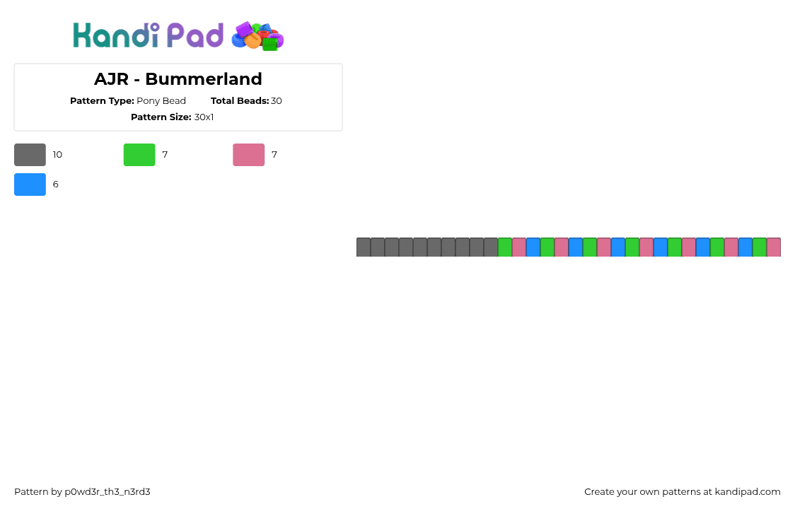 AJR - Bummerland - Pony Bead Pattern by p0wd3r_th3_n3rd3 on Kandi Pad - bummerland,ajr,song,music,band,single,bracelet,green,blue,pink