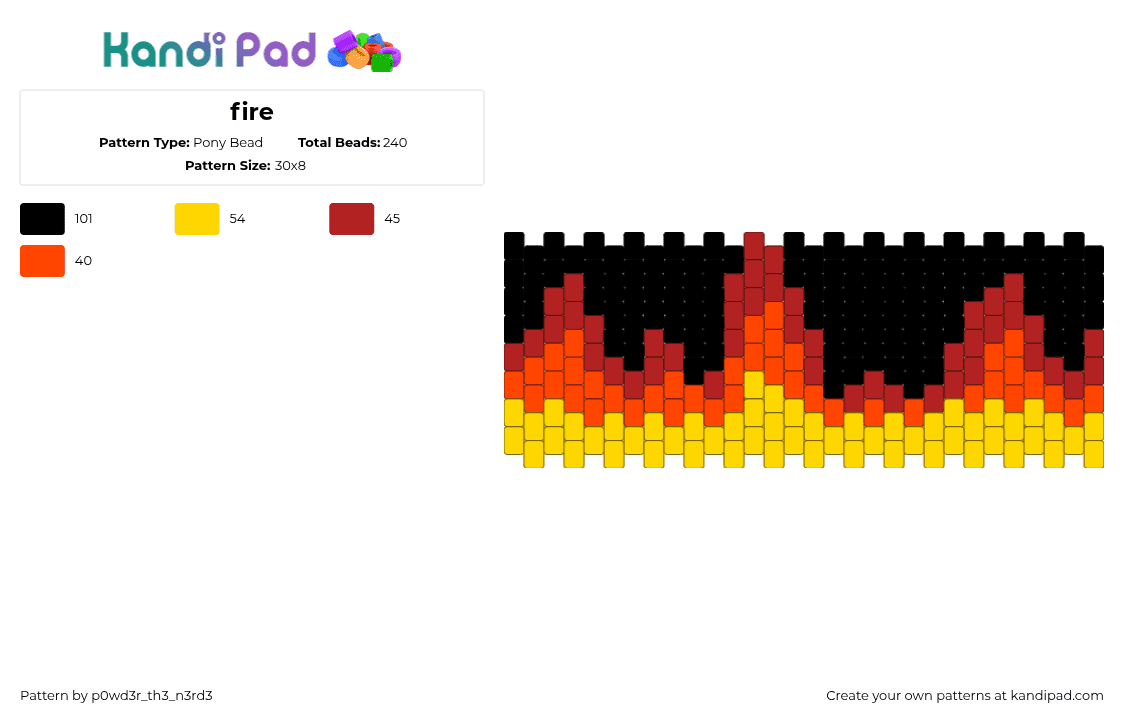 fire - Pony Bead Pattern by p0wd3r_th3_n3rd3 on Kandi Pad - fire,flames,cuff,black,yellow,orange