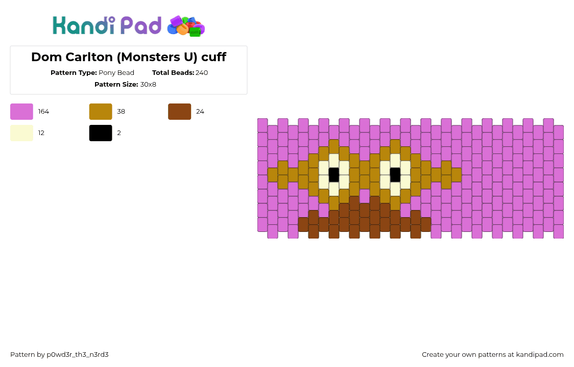 Dom Carlton (Monsters U) cuff - Pony Bead Pattern by p0wd3r_th3_n3rd3 on Kandi Pad - dom carlton,monsters university,monsters inc,cuff,pink,brown