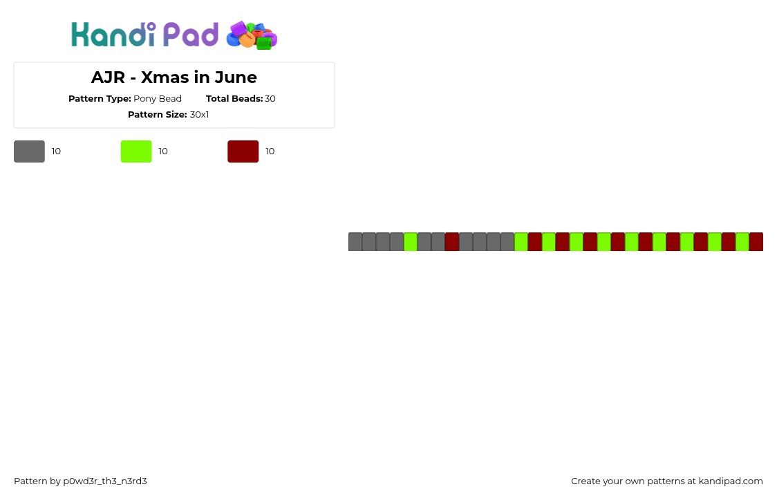 AJR - Xmas in June - Pony Bead Pattern by p0wd3r_th3_n3rd3 on Kandi Pad - christmas in june,ajr,song,music,single,bracelet,green,red