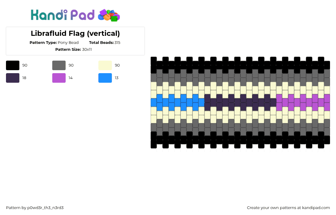 Librafluid Flag (vertical) - Pony Bead Pattern by p0wd3r_th3_n3rd3 on Kandi Pad - librafluid,pride,stripes,cuff,black,purple,blue