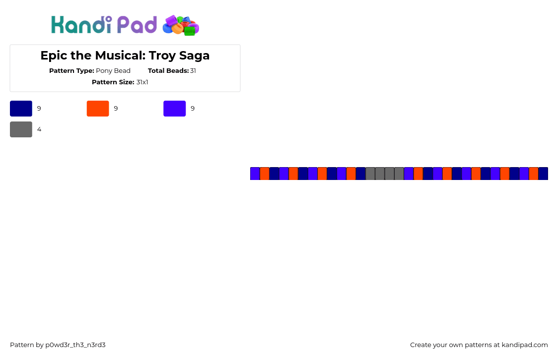 Epic the Musical: Troy Saga - Pony Bead Pattern by p0wd3r_th3_n3rd3 on Kandi Pad - troy,epic,musical,single,bracelet,orange,blue