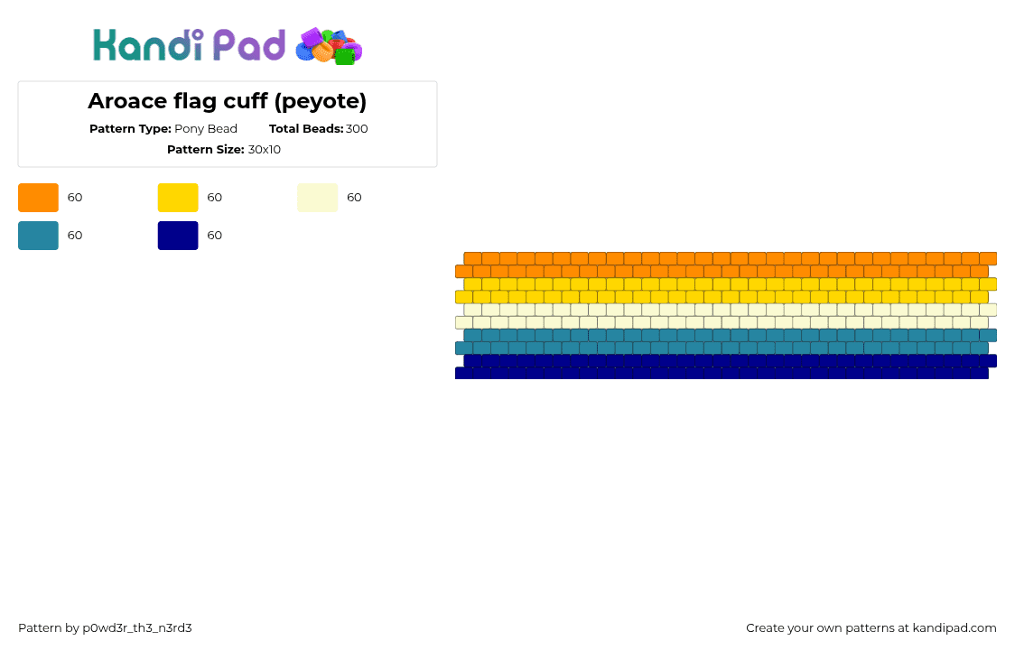 Aroace flag cuff (peyote) - Pony Bead Pattern by p0wd3r_th3_n3rd3 on Kandi Pad - aroace,pride,cuff,orange,yellow,teal