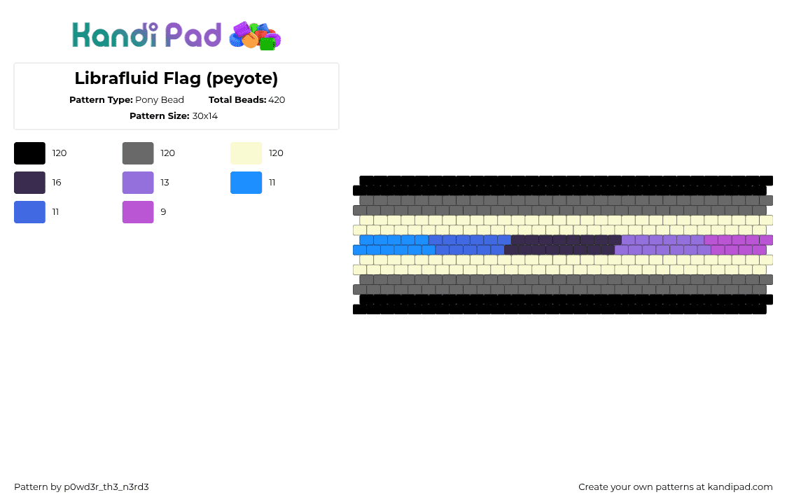 Librafluid Flag (peyote) - Pony Bead Pattern by p0wd3r_th3_n3rd3 on Kandi Pad - librafluid,pride,stripes,cuff,black,purple,blue