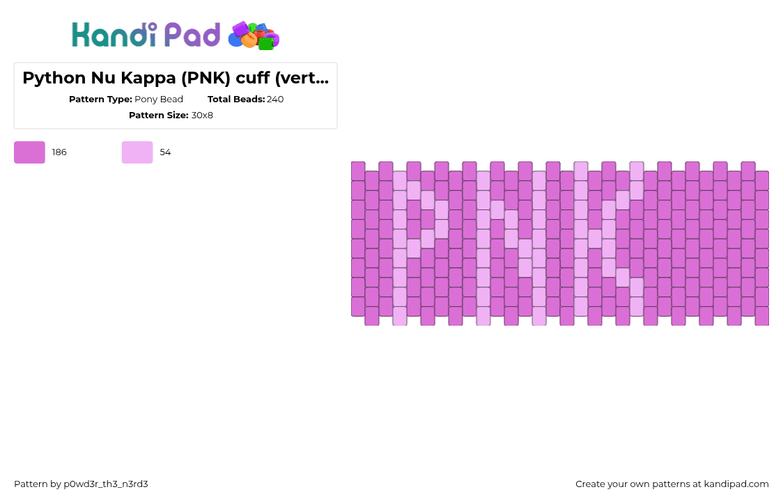 Python Nu Kappa (PNK) cuff (vertical) - Pony Bead Pattern by p0wd3r_th3_n3rd3 on Kandi Pad - pnk,python nu kappa,monsters university,monsters inc,cuff,animation,movie,pink