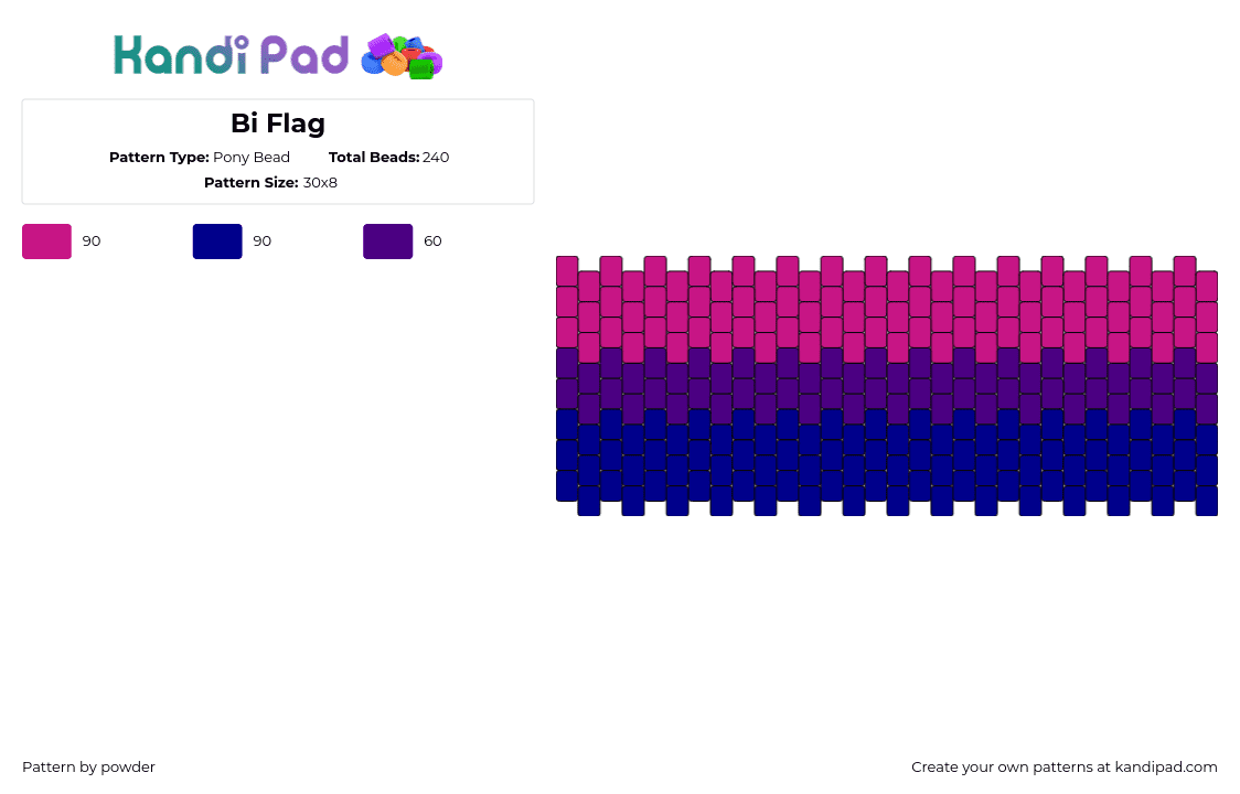 Bi Flag - Pony Bead Pattern by p0wd3r_th3_n3rd3 on Kandi Pad - bisexual,pride,cuff,horizontal,stripes,purple,blue,pink