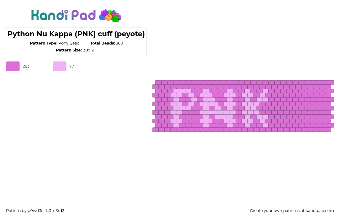 Python Nu Kappa (PNK) cuff (peyote) - Pony Bead Pattern by p0wd3r_th3_n3rd3 on Kandi Pad - pnk,python nu kappa,monsters university,monsters inc,cuff,animation,movie,pink