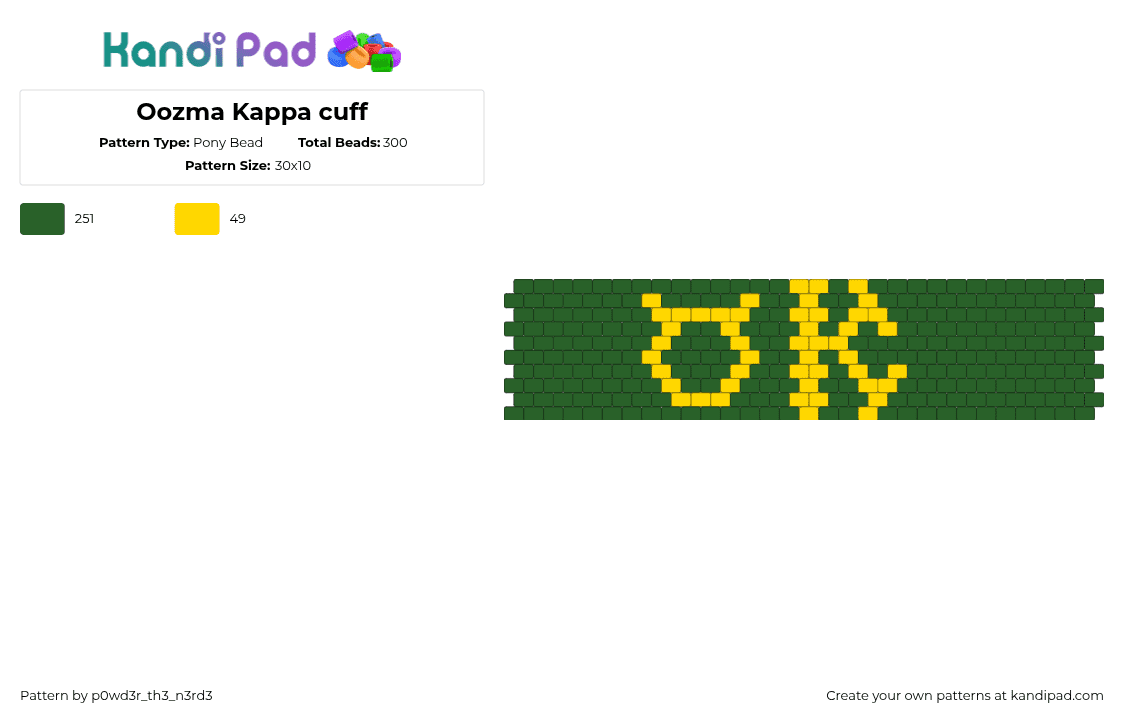 Oozma Kappa cuff - Pony Bead Pattern by p0wd3r_th3_n3rd3 on Kandi Pad - oozma kappa,monsters inc,fraternity,school,movie,animation,cuff,green,yellow