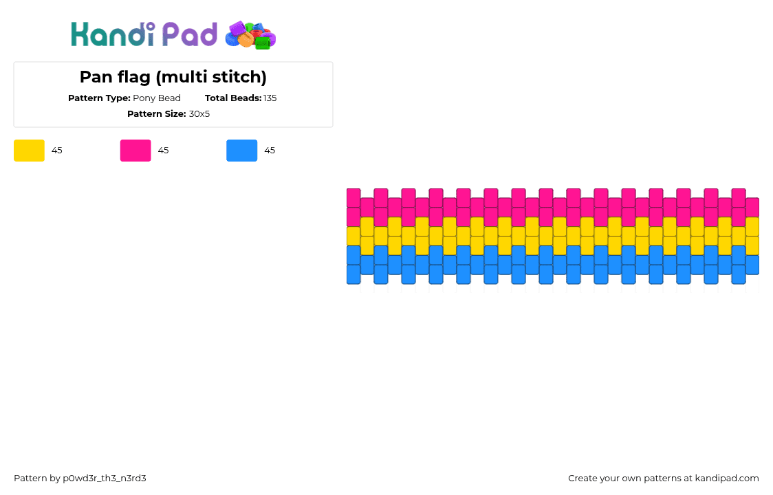 Pan flag (multi stitch) - Pony Bead Pattern by p0wd3r_th3_n3rd3 on Kandi Pad - yellow,pink,light blue