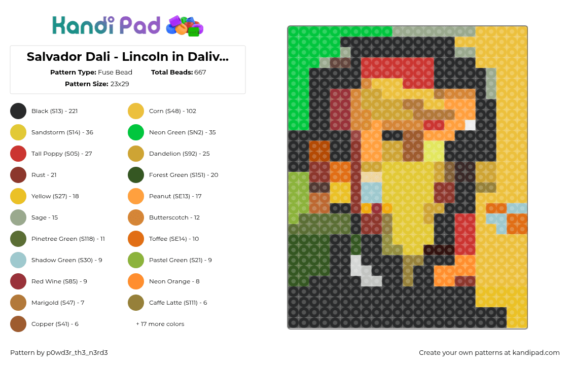 Salvador Dali - Lincoln in Dalivision - Fuse Bead Pattern by p0wd3r_th3_n3rd3 on Kandi Pad - 