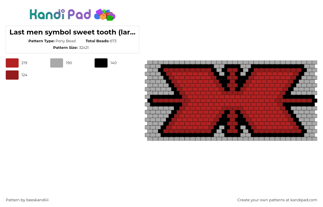 Last men symbol sweet tooth (larger) - Pony Bead Pattern by beeskandiiii on Kandi Pad - last men,sweet tooth,logo,symbol,tv show,cuff,red,gray