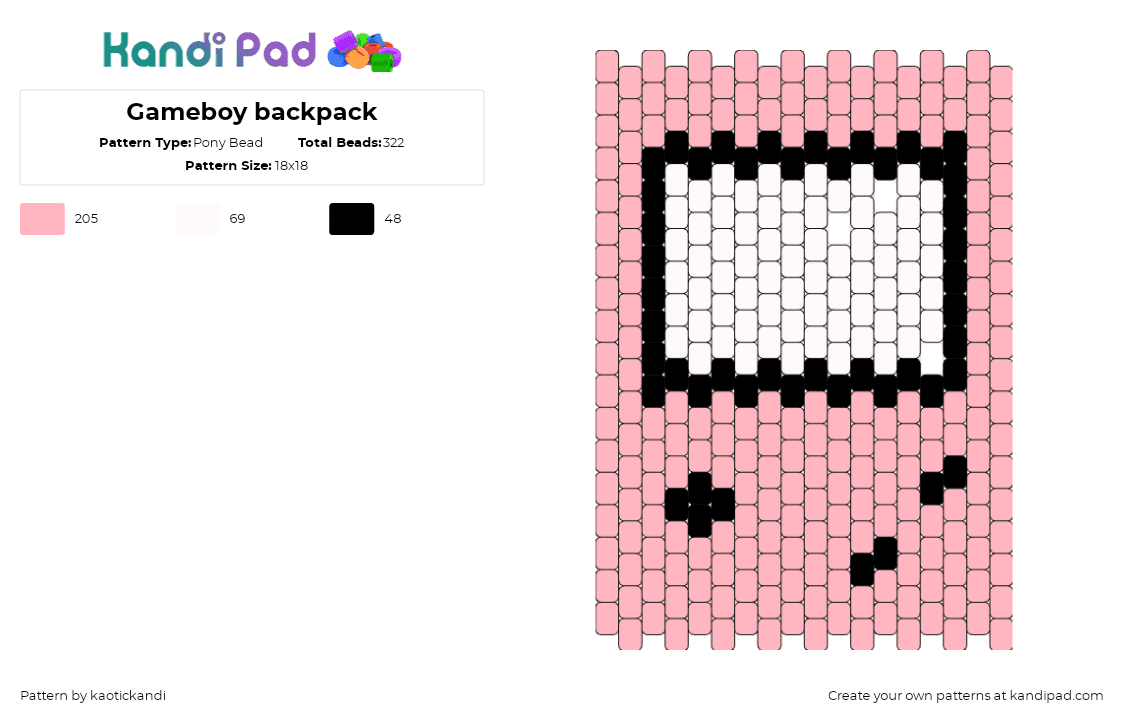 Gameboy backpack - Pony Bead Pattern by kaotickandi on Kandi Pad - gameboy,nintendo,console,video game,bag,panel,retro,nostalgia,pink