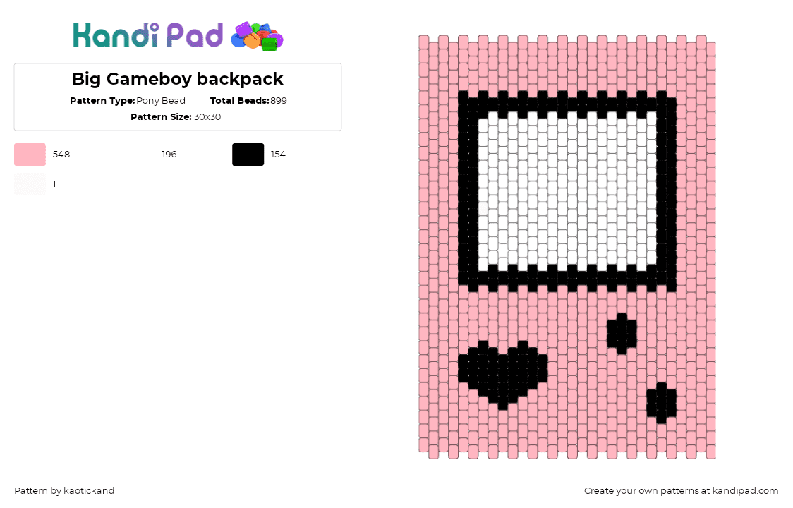 Big Gameboy backpack - Pony Bead Pattern by kaotickandi on Kandi Pad - gameboy,console,nintendo,retro,nostalgia,bag,panel,pink,white