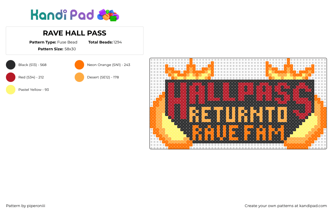 RAVE HALL PASS - Fuse Bead Pattern by piperoniii on Kandi Pad - hall pass,sign,rave,festival,music,edm,fiery,orange,black,red